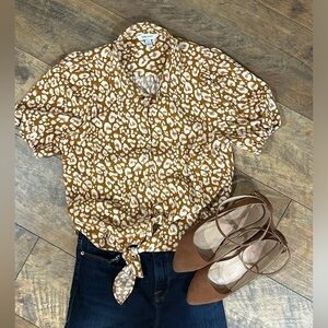 NINE WEST Animal Print Tie-Front Blouse, Size M, EUC